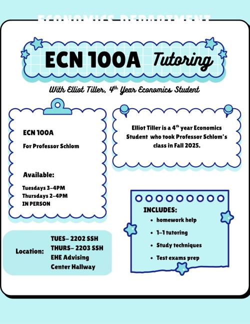 Graphic flyer: ECN 100A tutoring—schedule, tutors, times, locations, contact info